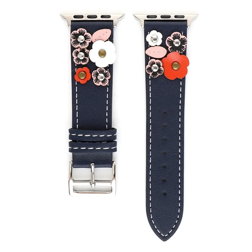 Watch Band For Apple Watch Series 11 10 42mm / 9 8 7 41mm / SE3 SE2 SE 6 5 4 40mm / 3 2 1 38mm Floral Leather Strap - Blue - 2