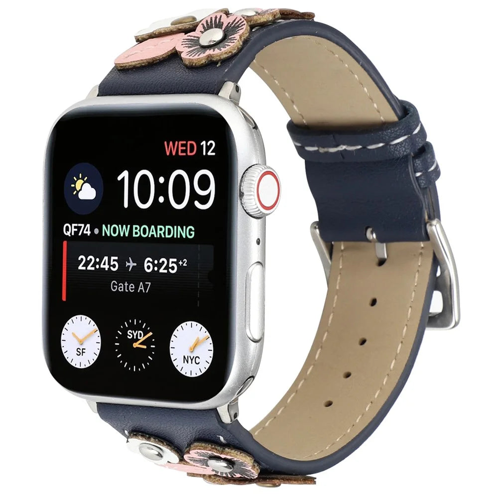 Watch Band For Apple Watch Series 11 10 42mm / 9 8 7 41mm / SE3 SE2 SE 6 5 4 40mm / 3 2 1 38mm Floral Leather Strap - Blue - 3