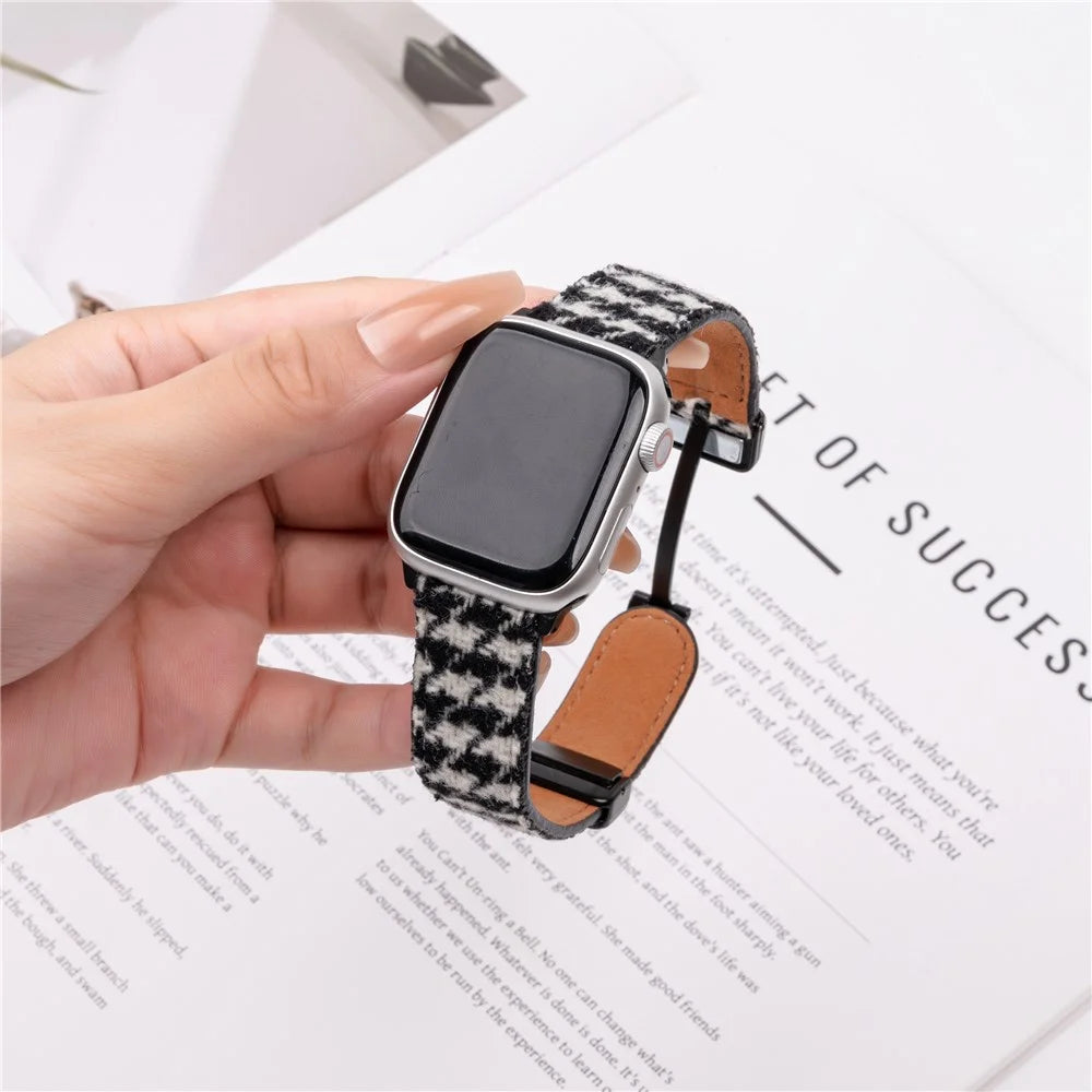 Winter Cloth + Genuine Cow Leather Strap for Apple Watch Ultra 3 2 1 49mm / Series 11 10 46mm / 9 8 7 45mm / SE3 SE2 SE 6 5 4 44mm / 3 2 1 42mm - Style A - 2