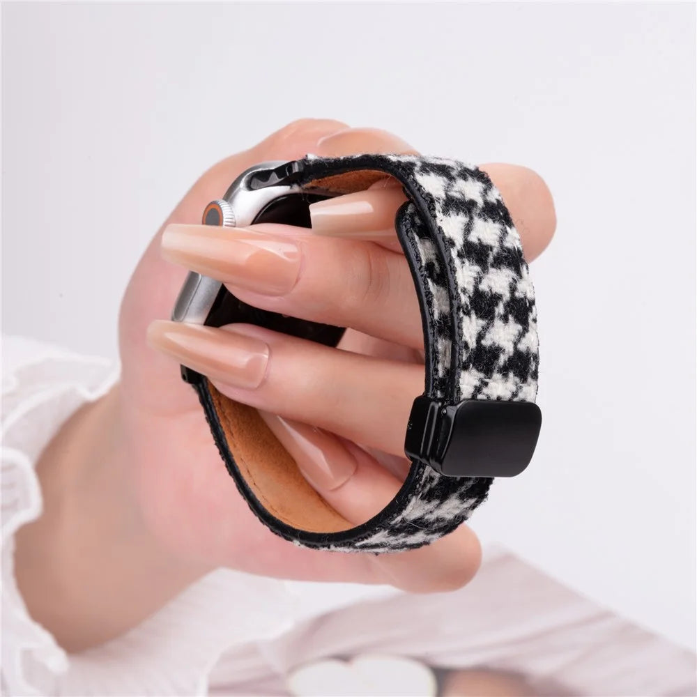 Winter Cloth + Genuine Cow Leather Strap for Apple Watch Series 11 10 42mm / 9 8 7 41mm / SE3 SE2 SE 6 5 4 40mm / 3 2 1 38mm - Style A - 4