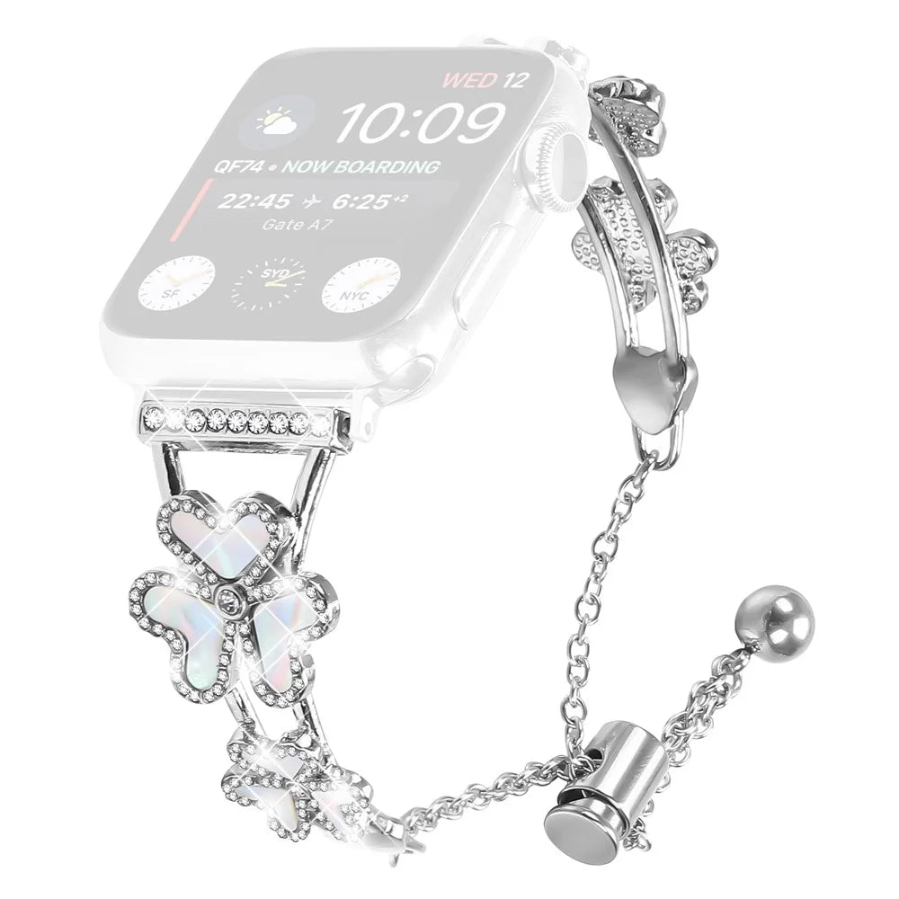 Metal Band for Apple Watch Series 11 10 42mm / 9 8 7 41mm / SE3 SE2 SE 6 5 4 40mm / 3 2 1 38mm Heart Clover Decor Watch Strap - Silver - 1