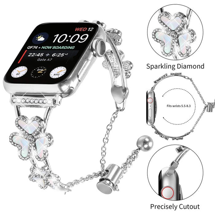 Metal Band for Apple Watch Series 11 10 42mm / 9 8 7 41mm / SE3 SE2 SE 6 5 4 40mm / 3 2 1 38mm Heart Clover Decor Watch Strap - Silver - 4