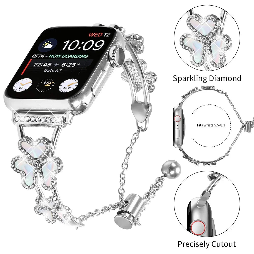 Metal Band For Apple Watch Ultra 3 2 1 49mm / Series 11 10 46mm / 9 8 7 45mm / SE3 SE2 SE 6 5 4 44mm / 3 2 1 42mm Heart Clover Decor Watch Strap - Silver - 4