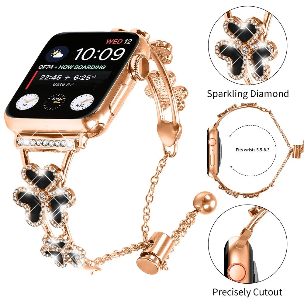 Metal Band Heart Clover Decor For Apple Watch Series 11 10 42mm / 9 8 7 41mm / SE3 SE2 SE 6 5 4 40mm / 3 2 1 38mm Watch Bracelet - Rose Gold - 4