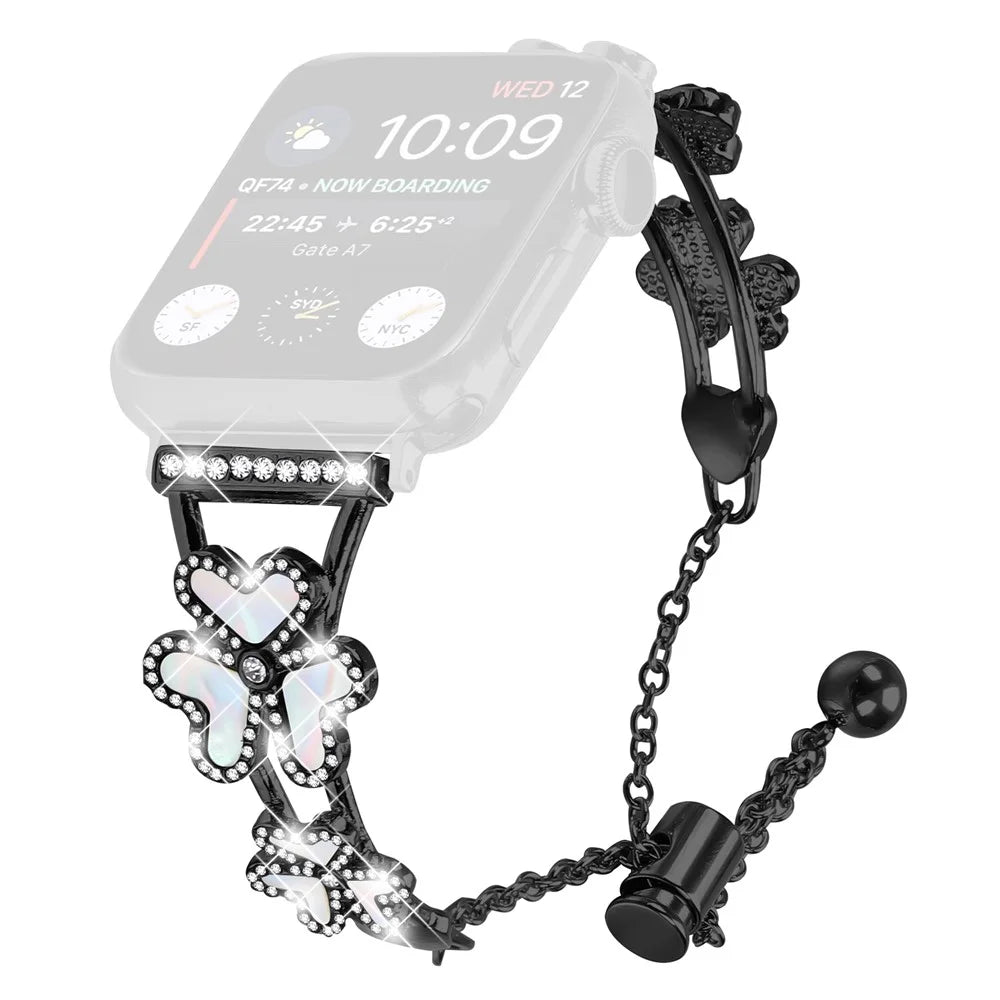 Metal Band Heart Clover Decor For Apple Watch Ultra 3 2 1 49mm / Series 11 10 46mm / 9 8 7 45mm / SE3 SE2 SE 6 5 4 44mm / 3 2 1 42mm Watch Bracelet - Black - 1