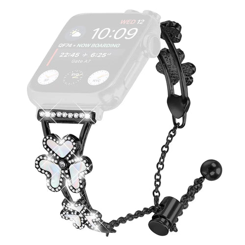 Metal Band Heart Clover Decor For Apple Watch Ultra 3 2 1 49mm / Series 11 10 46mm / 9 8 7 45mm / SE3 SE2 SE 6 5 4 44mm / 3 2 1 42mm Watch Bracelet - Black - 1