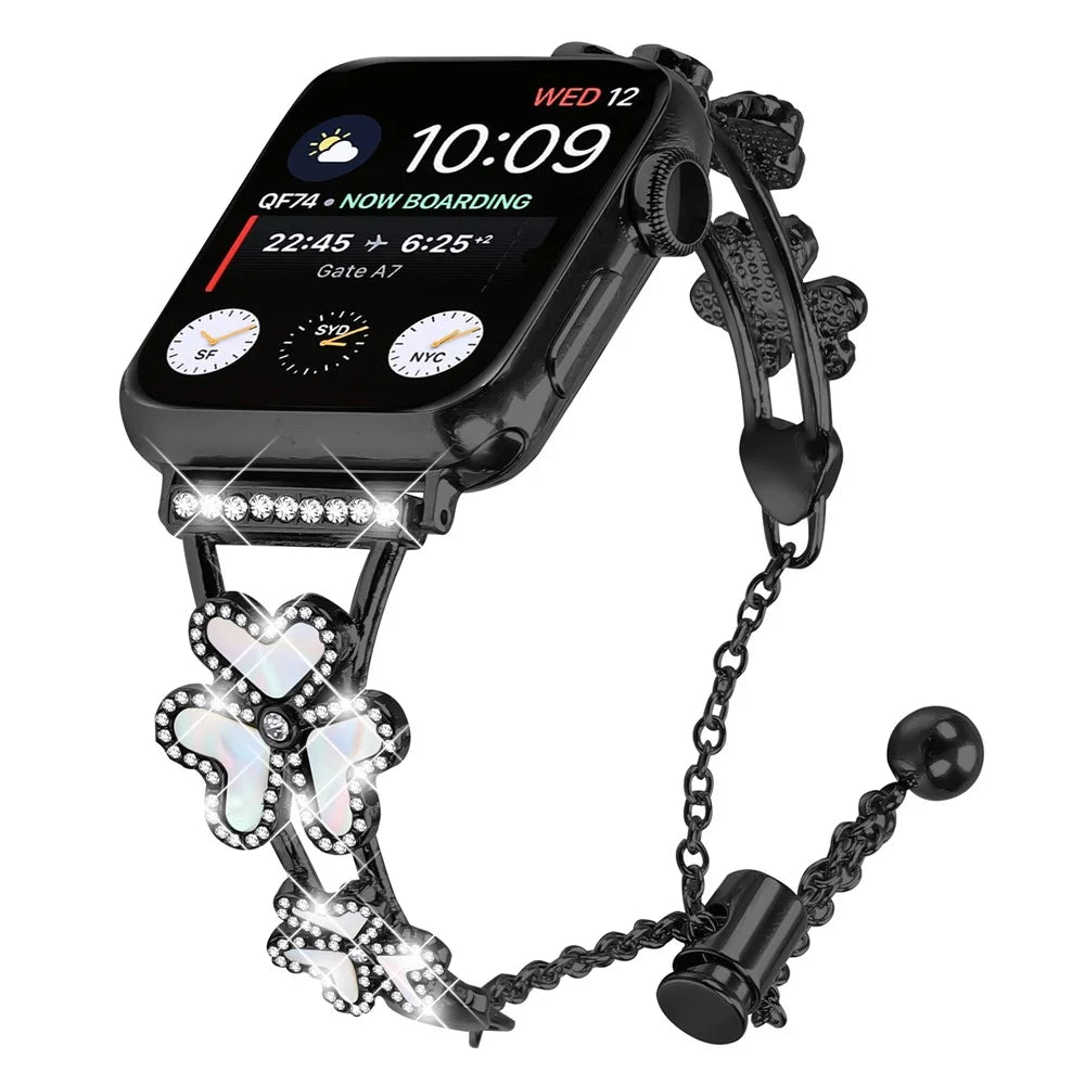 Metal Band Heart Clover Decor For Apple Watch Ultra 3 2 1 49mm / Series 11 10 46mm / 9 8 7 45mm / SE3 SE2 SE 6 5 4 44mm / 3 2 1 42mm Watch Bracelet - Black - 2