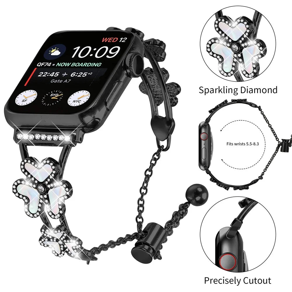 Metal Band Heart Clover Decor For Apple Watch Ultra 3 2 1 49mm / Series 11 10 46mm / 9 8 7 45mm / SE3 SE2 SE 6 5 4 44mm / 3 2 1 42mm Watch Bracelet - Black - 4