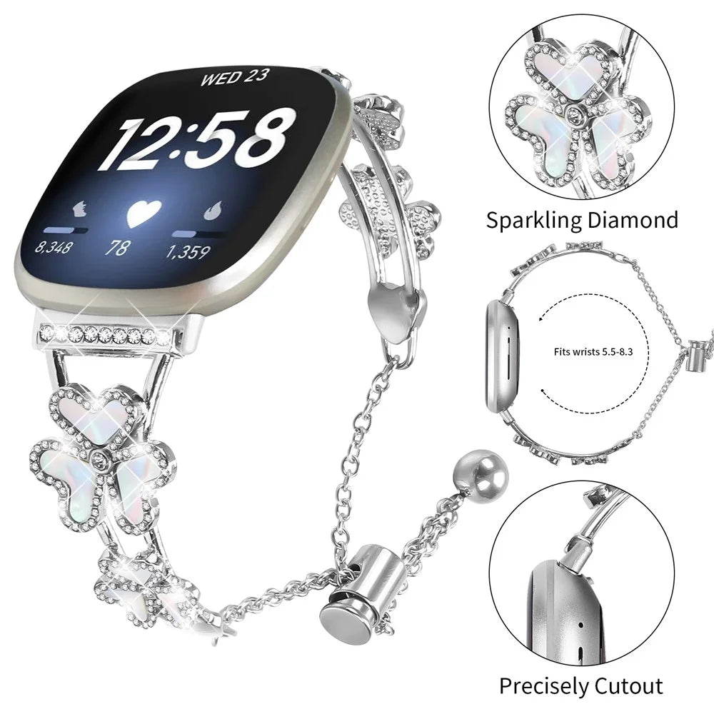 Metal Band For Fitbit Versa 3  /  Sense Heart Clover Decor Watch Strap Replacement - Silver - 4