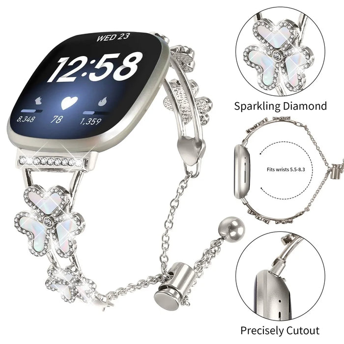 Metal Band Heart Clover Decor For Fitbit Versa 4  /  Sense 2 Watch Bracelet Replacement - Starlight - 4