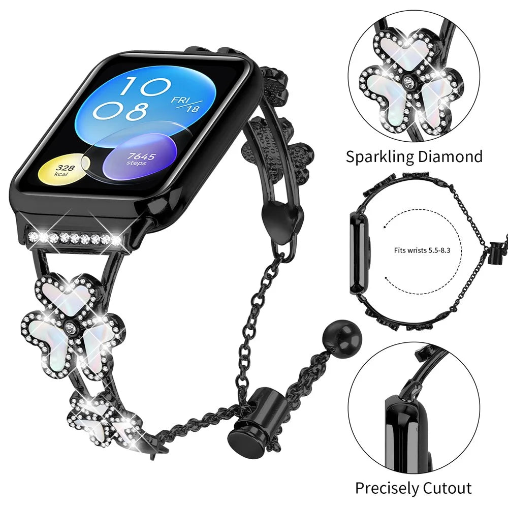 Metal Band Heart Clover Decor For Xiaomi Smart Band 10 Pro / 9 Pro / 8 Pro / Redmi Watch 6 / 5 / 4 Watch Bracelet Replacement - Black - 4