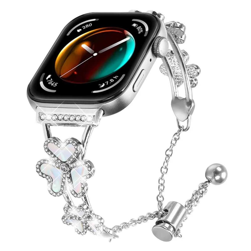 Metal Band For Huawei Watch Fit 3 Heart Clover Decor Watch Strap Replacement - Silver - 2