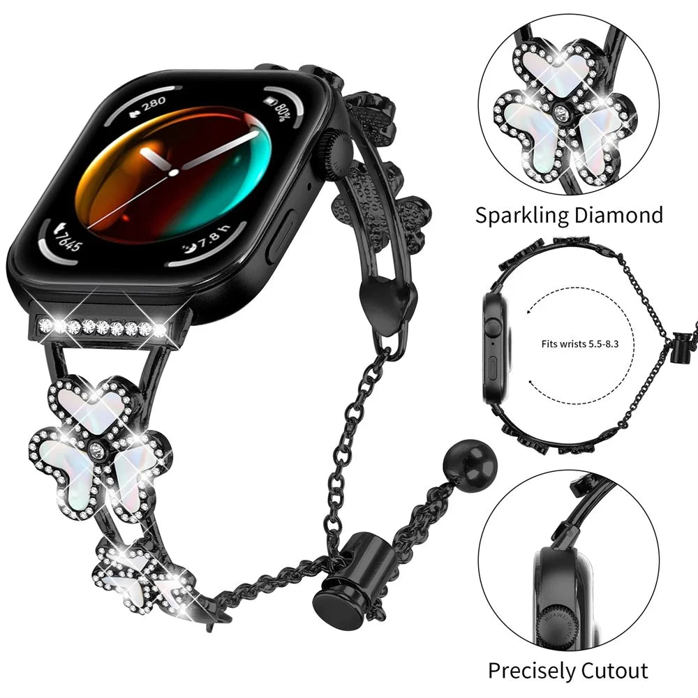 Metal Band Heart Clover Decor For Huawei Watch Fit 3 Watch Bracelet Replacement - Black - 4