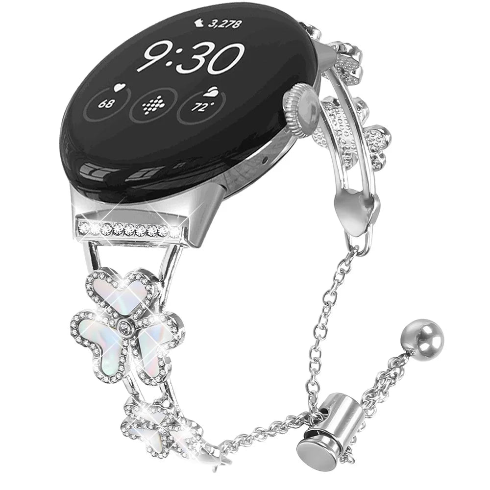 Metal Band For Google Pixel Watch 4 41mm / Watch 3 41mm / Watch 2 / Watch Heart Clover Decor Watch Strap - Silver - 2