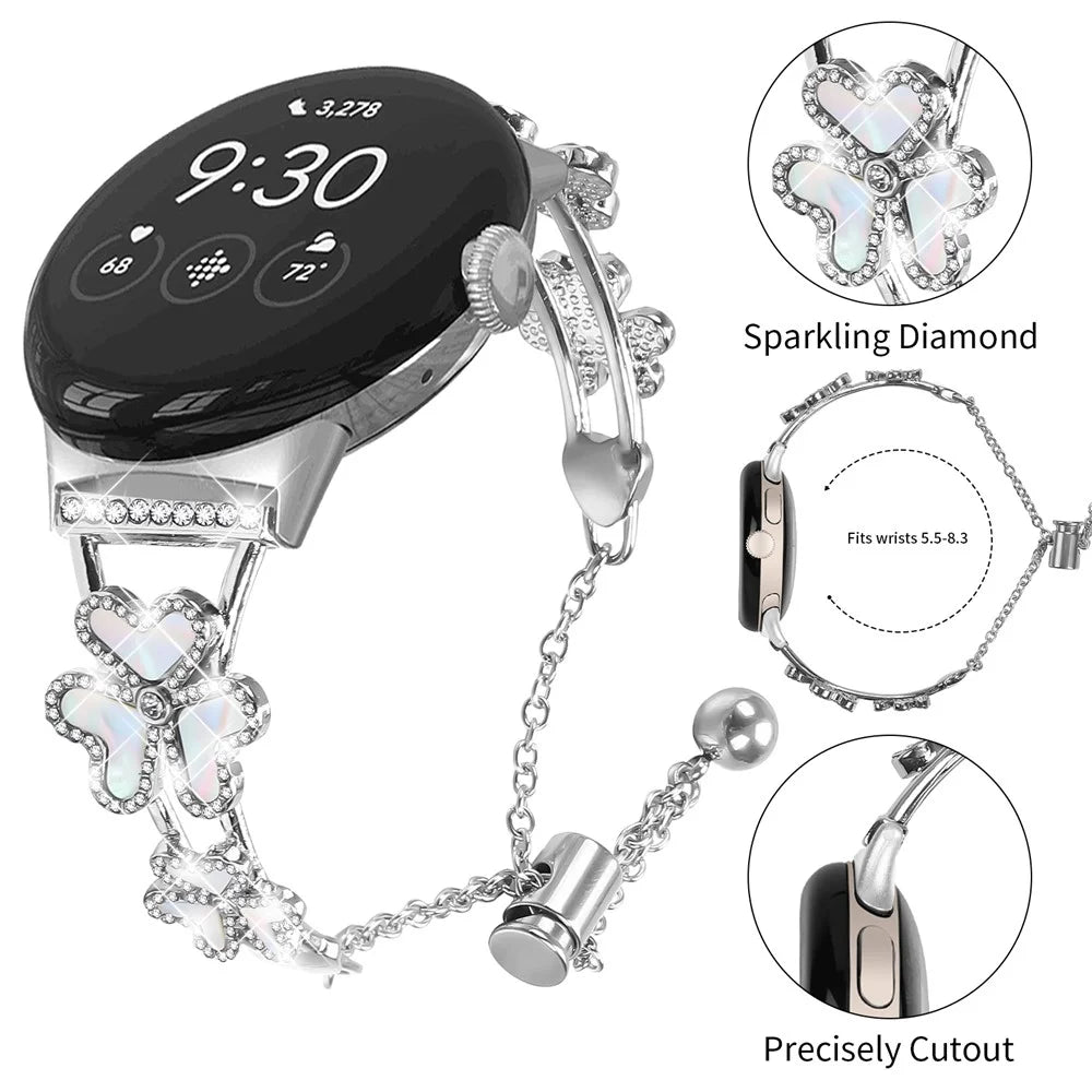 Metal Band For Google Pixel Watch 4 41mm / Watch 3 41mm / Watch 2 / Watch Heart Clover Decor Watch Strap - Silver - 4