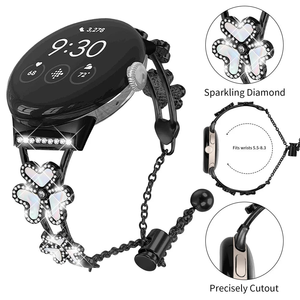 Metal Band Heart Clover Decor For Google Pixel Watch 4 41mm / Watch 3 41mm / Watch 2 / Watch Watchband Bracelet Replacement - Black - 4