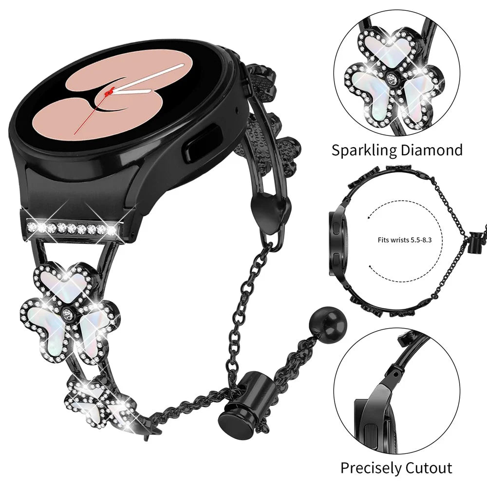 Metal Band with Connector For Samsung Galaxy Watch7 44mm  /  40mm Heart Clover Decor Watch Strap - Black - 4