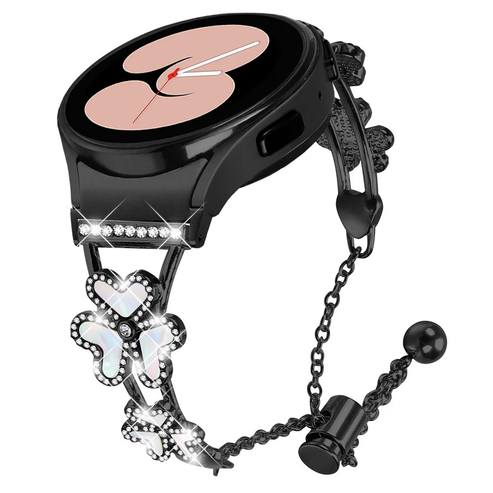 Metal Band with Quick Release Connector For Samsung Galaxy Watch7 44mm  /  40mm Heart Clover Decor Watch Strap - Black - 2