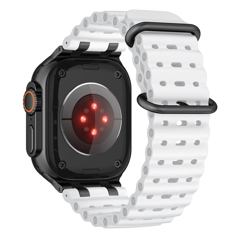 Ocean Watch Strap for Apple Watch Ultra 3 2 1 49mm / Series 11 10 46mm / 9 8 7 45mm / SE3 SE2 SE 6 5 4 44mm / 3 2 1 42mm Silicone Band - White+Black Buckle - 1