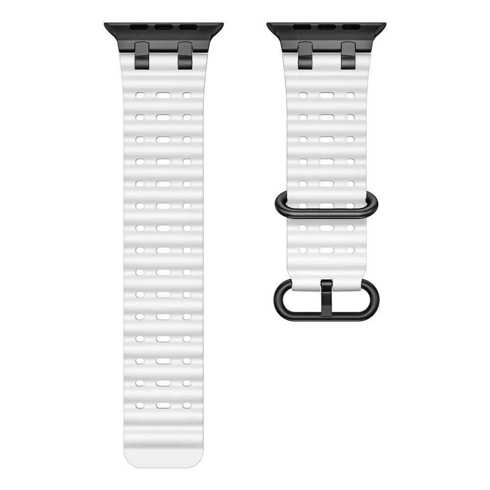 Ocean Watch Strap for Apple Watch Ultra 3 2 1 49mm / Series 11 10 46mm / 9 8 7 45mm / SE3 SE2 SE 6 5 4 44mm / 3 2 1 42mm Silicone Band - White+Black Buckle - 2