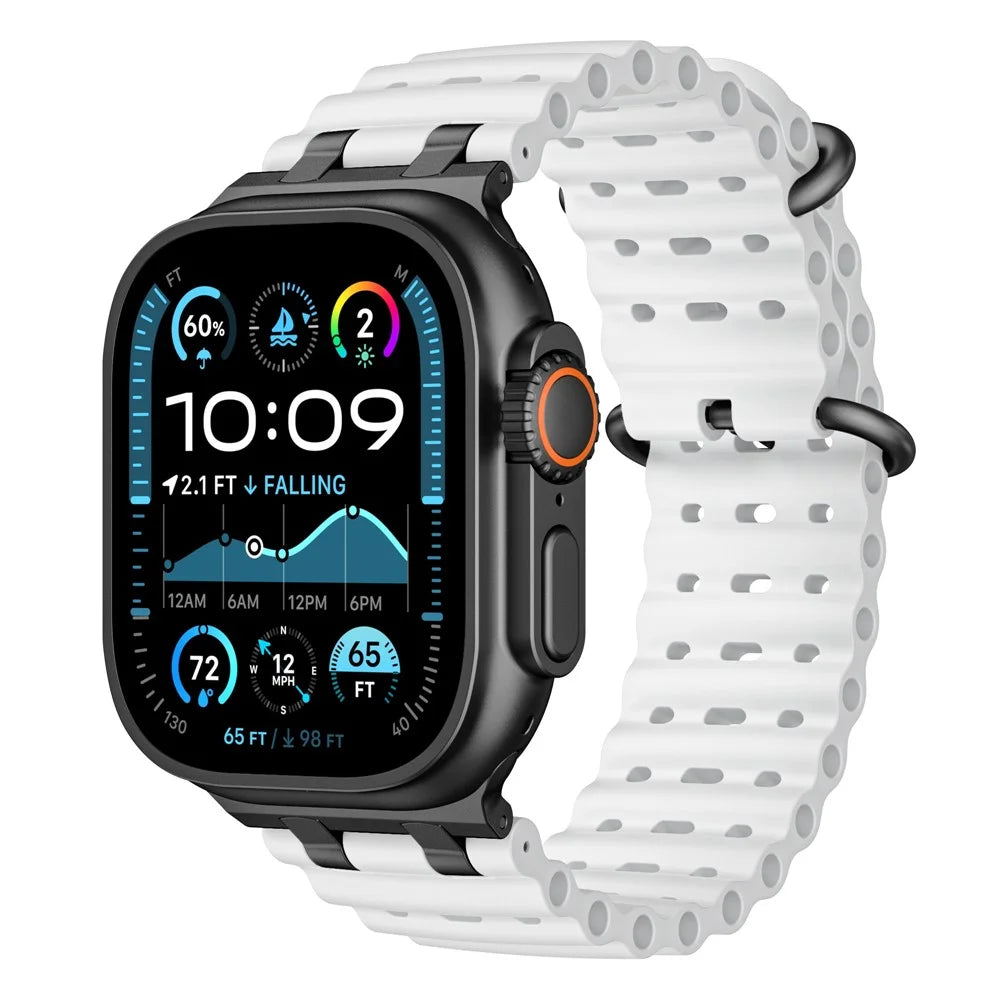 Ocean Watch Strap for Apple Watch Ultra 3 2 1 49mm / Series 11 10 46mm / 9 8 7 45mm / SE3 SE2 SE 6 5 4 44mm / 3 2 1 42mm Silicone Band - White+Black Buckle - 3