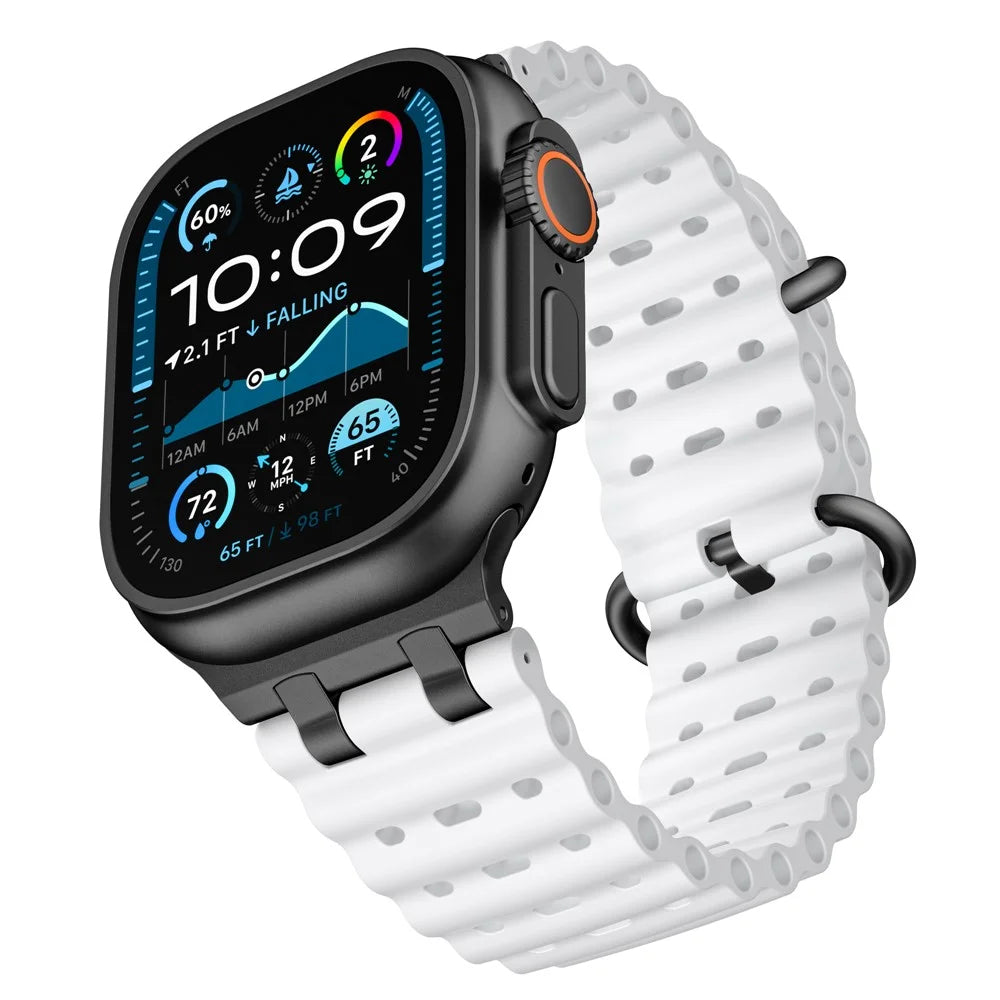 Ocean Watch Strap for Apple Watch Ultra 3 2 1 49mm / Series 11 10 46mm / 9 8 7 45mm / SE3 SE2 SE 6 5 4 44mm / 3 2 1 42mm Silicone Band - White+Black Buckle - 4