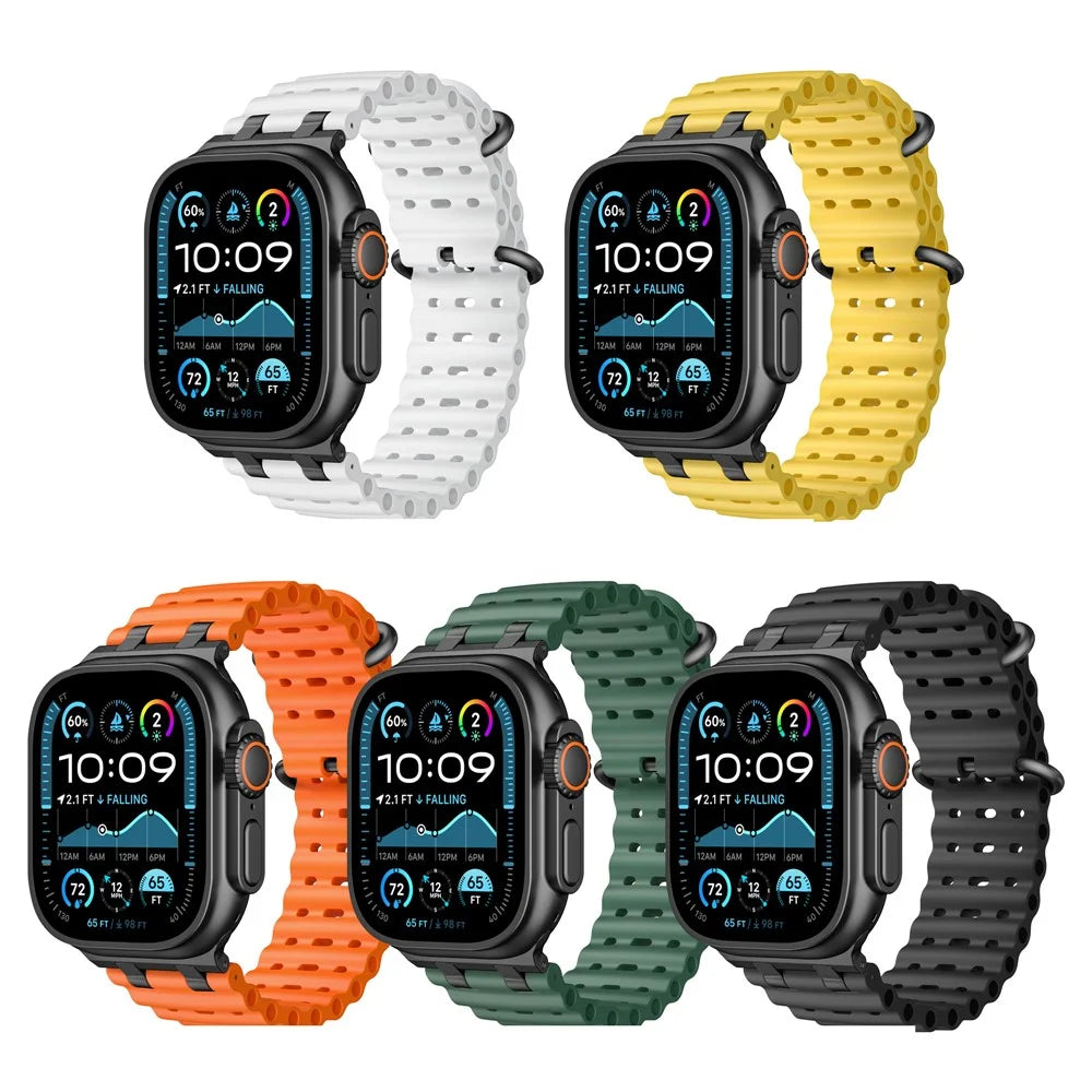 Ocean Watch Strap for Apple Watch Ultra 3 2 1 49mm / Series 11 10 46mm / 9 8 7 45mm / SE3 SE2 SE 6 5 4 44mm / 3 2 1 42mm Silicone Band - White+Black Buckle - 5