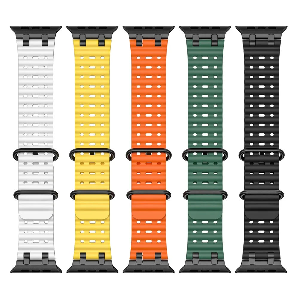 Ocean Watch Strap for Apple Watch Ultra 3 2 1 49mm / Series 11 10 46mm / 9 8 7 45mm / SE3 SE2 SE 6 5 4 44mm / 3 2 1 42mm Silicone Band - White+Black Buckle - 6