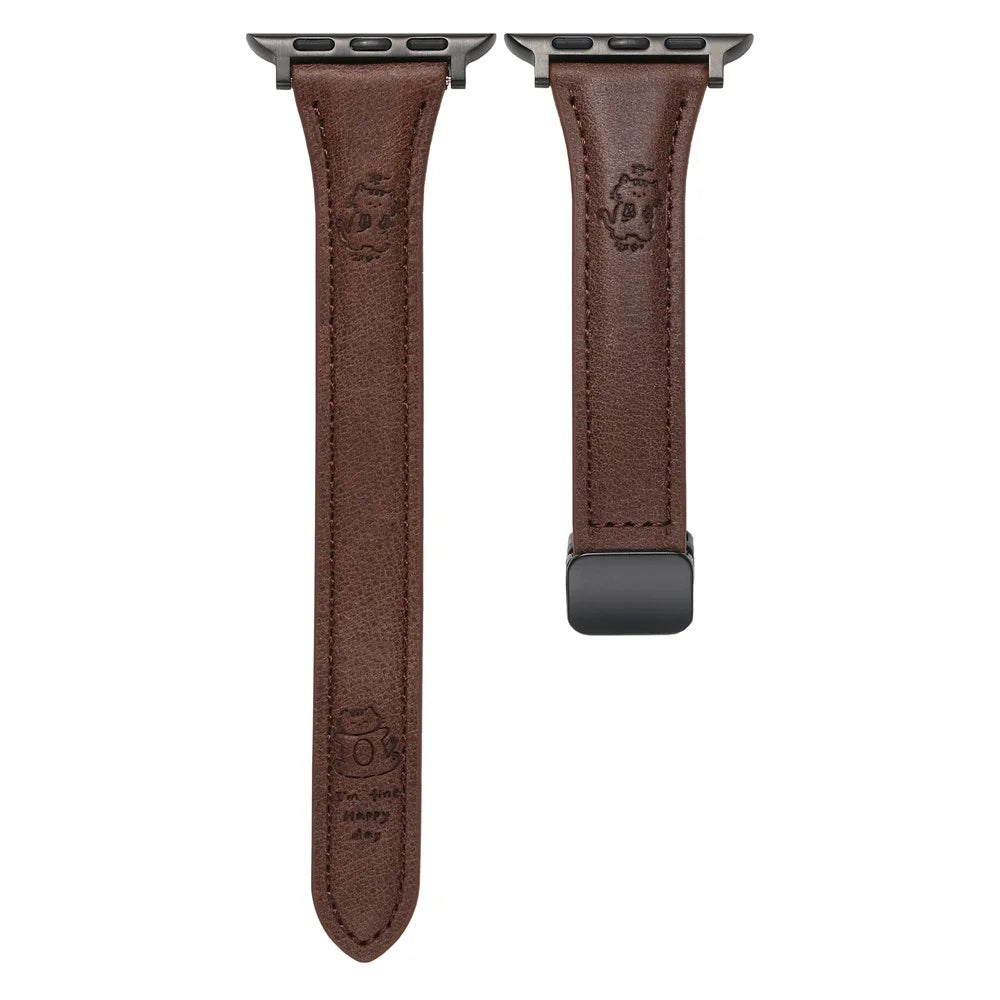 Leather Strap for Apple Watch Series 11 10 42mm / 9 8 7 41mm / SE3 SE2 SE 6 5 4 40mm / 3 2 1 38mm Watch Band Cartoon Cat Design - Dark Brown - 1