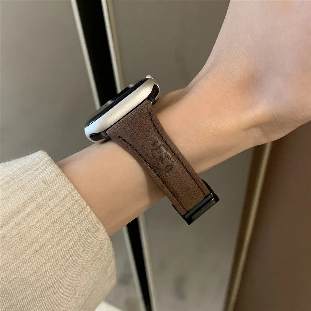 Leather Strap for Apple Watch Series 11 10 42mm / 9 8 7 41mm / SE3 SE2 SE 6 5 4 40mm / 3 2 1 38mm Watch Band Cartoon Cat Design - Dark Brown - 2