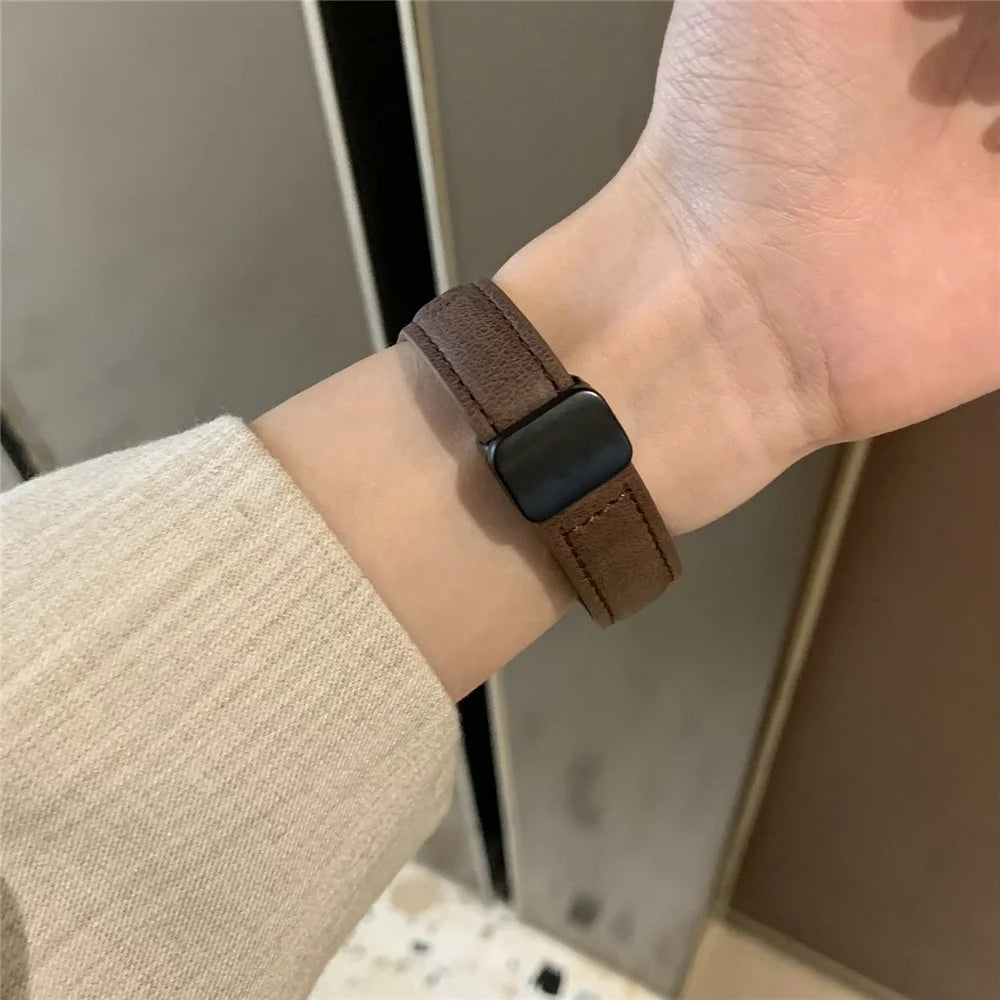 Leather Strap for Apple Watch Series 11 10 42mm / 9 8 7 41mm / SE3 SE2 SE 6 5 4 40mm / 3 2 1 38mm Watch Band Cartoon Cat Design - Dark Brown - 3