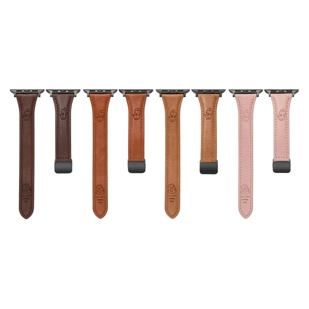 Leather Strap for Apple Watch Series 11 10 42mm / 9 8 7 41mm / SE3 SE2 SE 6 5 4 40mm / 3 2 1 38mm Watch Band Cartoon Cat Design - Dark Brown - 4