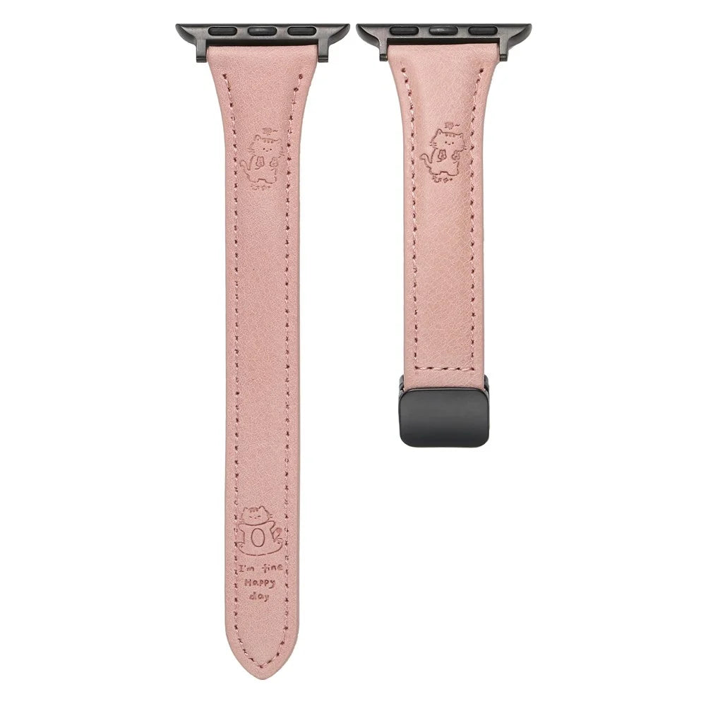 Leather Strap for Apple Watch Ultra 3 2 1 49mm / Series 11 10 46mm / 9 8 7 45mm / SE3 SE2 SE 6 5 4 44mm / 3 2 1 42mm Watch Band Cartoon Cat Design - Pink - 1