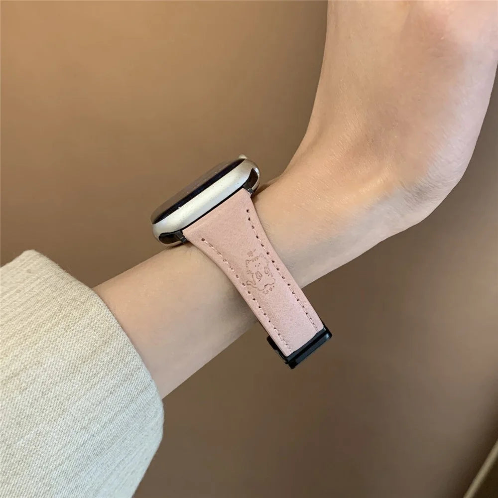 Leather Strap for Apple Watch Ultra 3 2 1 49mm / Series 11 10 46mm / 9 8 7 45mm / SE3 SE2 SE 6 5 4 44mm / 3 2 1 42mm Watch Band Cartoon Cat Design - Pink - 2