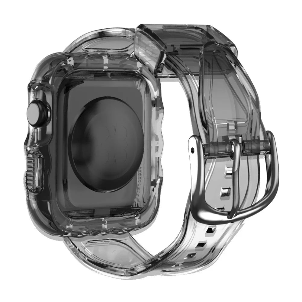 For Apple Watch Series 10 42mm Watch Case with Band Wave Pattern Integrated Watch Strap TPU Adjustable - Black - 1