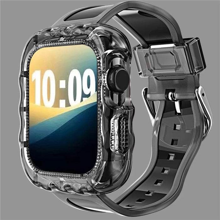 For Apple Watch Series 10 42mm Watch Case with Band Wave Pattern Integrated Watch Strap TPU Adjustable - Black - 2