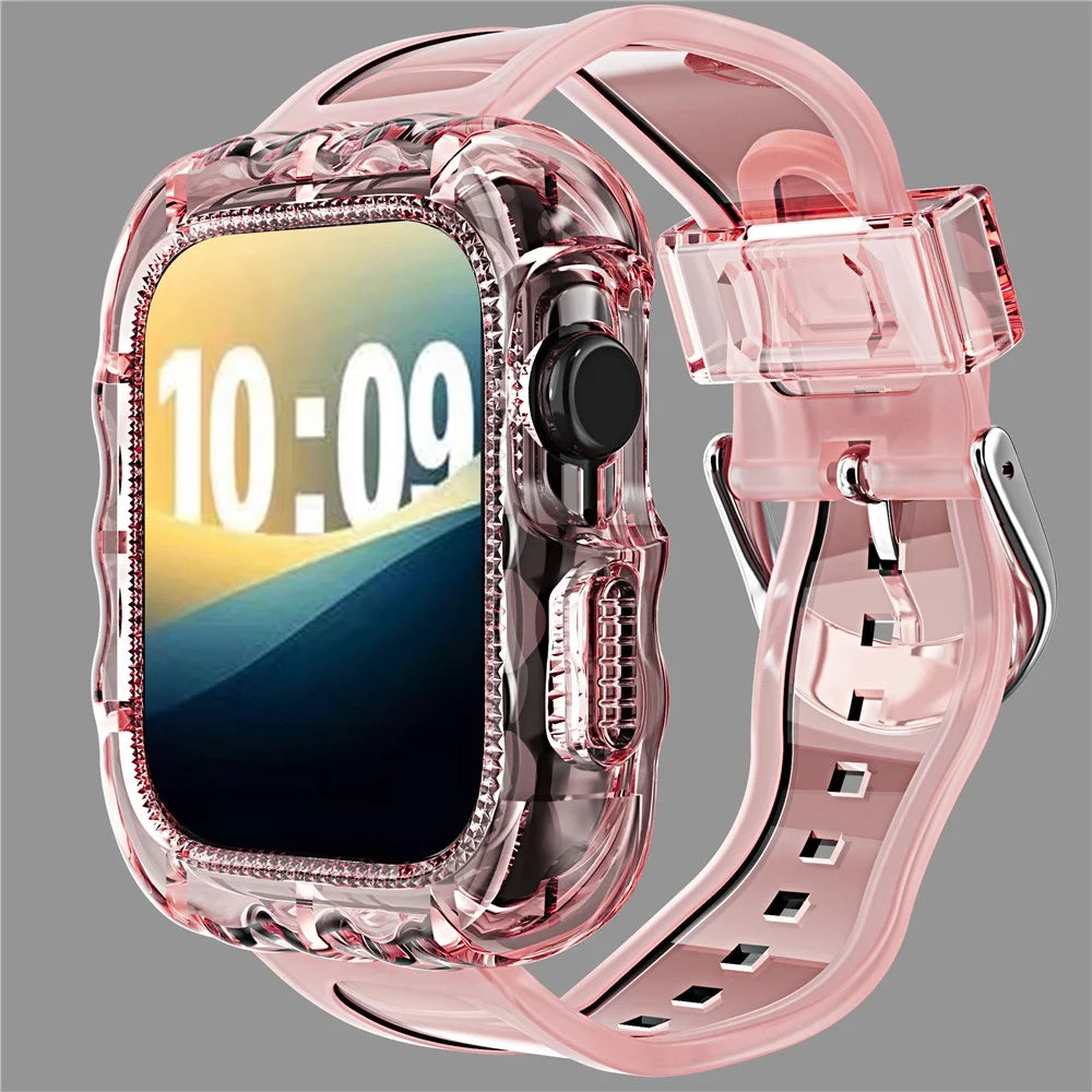 For Apple Watch Series 10 46mm Watch Case with Band Wave Pattern Integrated Watch Strap TPU Adjustable - Pink - 2