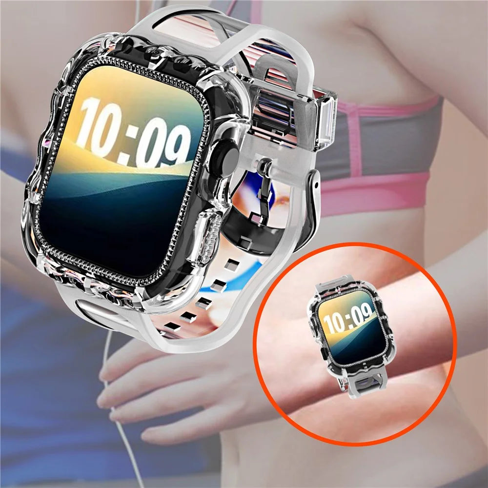 For Apple Watch Series 10 46mm Watch Case with Band Wave Pattern Integrated Watch Strap TPU Adjustable - Pink - 3