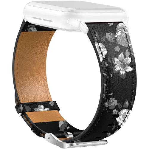 Leather Band For Apple Watch Series 11 10 42mm / 9 8 7 41mm / SE3 SE2 SE 6 5 4 40mm / 3 2 1 38mm Pointed Tail Strap Silver Buckle - Black  /  Grey Flowers - 1