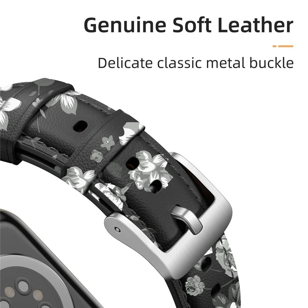Leather Band For Apple Watch Series 11 10 42mm / 9 8 7 41mm / SE3 SE2 SE 6 5 4 40mm / 3 2 1 38mm Pointed Tail Strap Silver Buckle - Black  /  Grey Flowers - 3