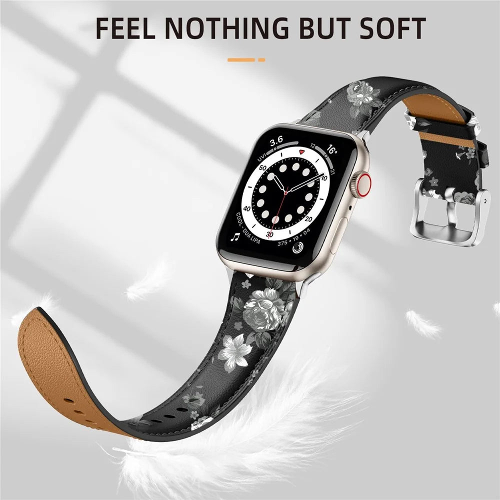 Leather Band For Apple Watch Series 11 10 42mm / 9 8 7 41mm / SE3 SE2 SE 6 5 4 40mm / 3 2 1 38mm Pointed Tail Strap Silver Buckle - Black  /  Grey Flowers - 4