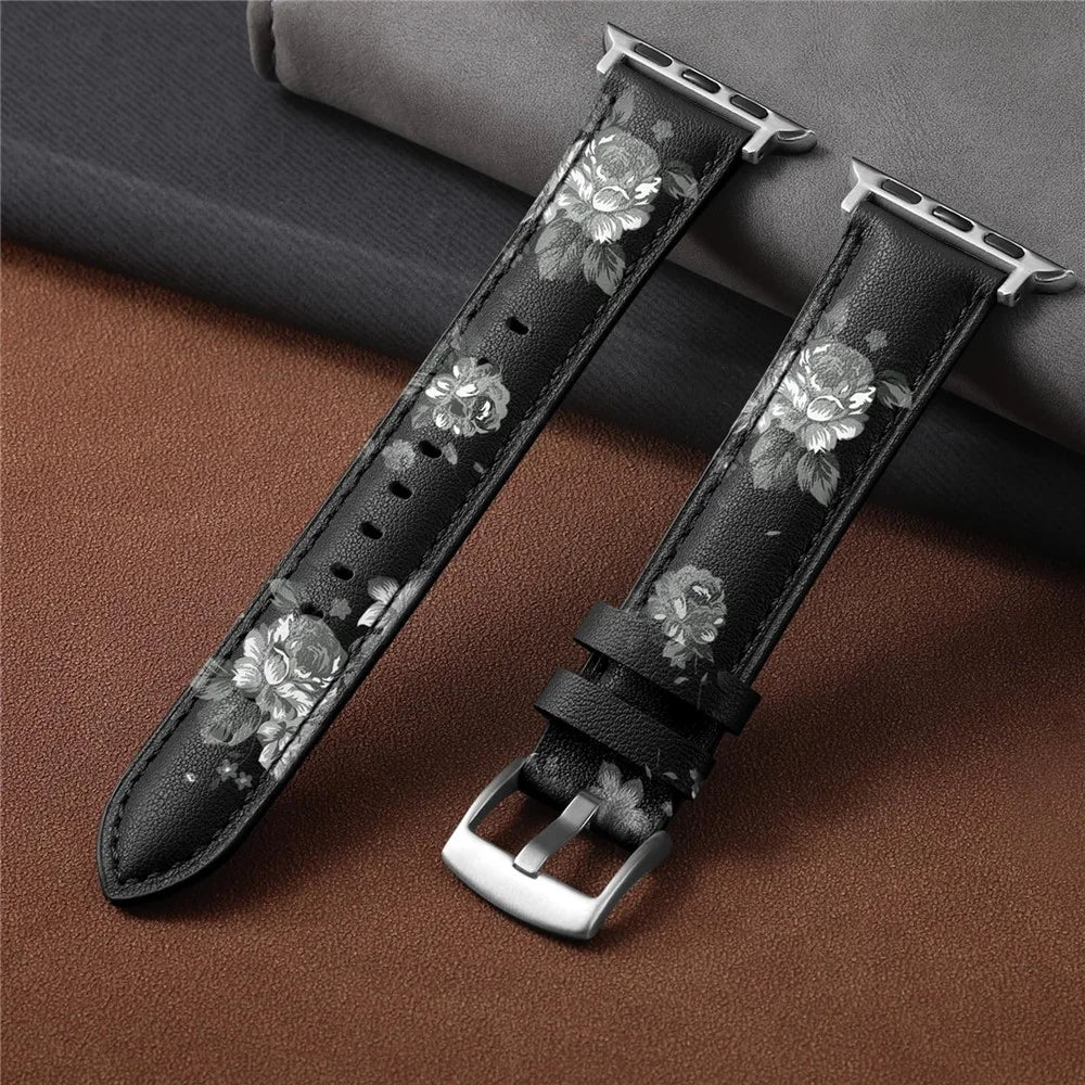Leather Band For Apple Watch Series 11 10 42mm / 9 8 7 41mm / SE3 SE2 SE 6 5 4 40mm / 3 2 1 38mm Pointed Tail Strap Silver Buckle - Black  /  Grey Flowers - 5