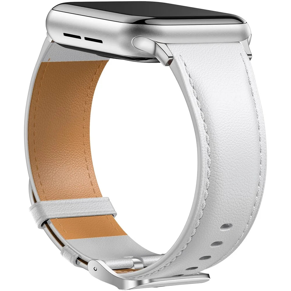 Leather Band For Apple Watch Ultra 3 2 1 49mm / Series 11 10 46mm / 9 8 7 45mm / SE3 SE2 SE 6 5 4 44mm / 3 2 1 42mm Pointed Tail Strap Silver Buckle - White - 2
