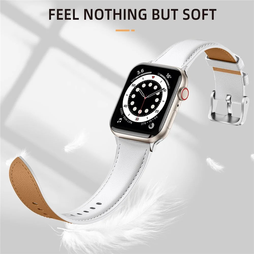 Leather Band For Apple Watch Ultra 3 2 1 49mm / Series 11 10 46mm / 9 8 7 45mm / SE3 SE2 SE 6 5 4 44mm / 3 2 1 42mm Pointed Tail Strap Silver Buckle - White - 4