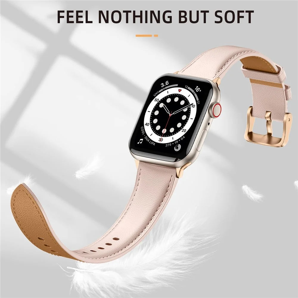 Leather Band For Apple Watch Series 11 10 42mm / 9 8 7 41mm / SE3 SE2 SE 6 5 4 40mm / 3 2 1 38mm Pointed Tail Strap Electroplated Buckle - Pink  /  Rose Gold - 4