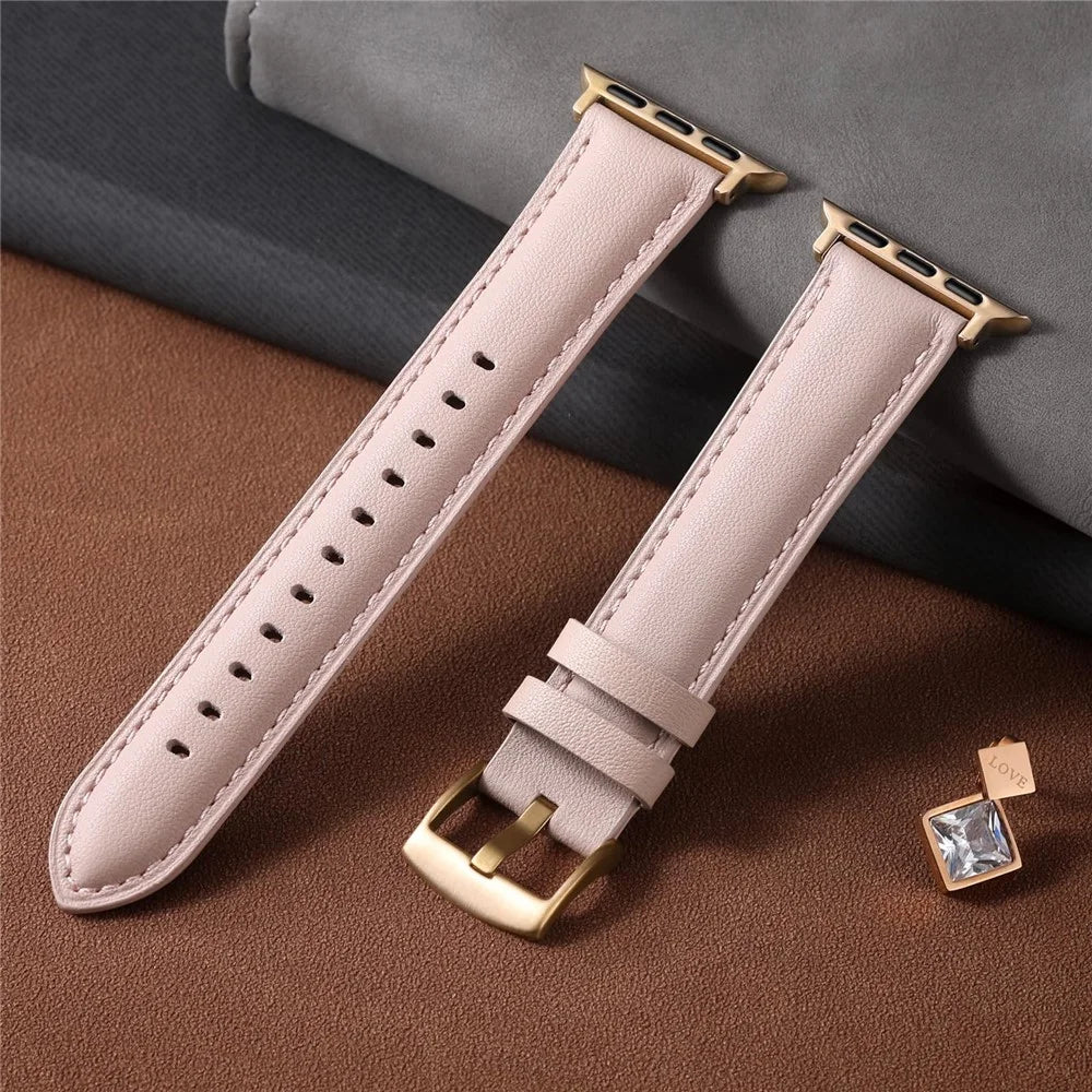 Leather Band For Apple Watch Series 11 10 42mm / 9 8 7 41mm / SE3 SE2 SE 6 5 4 40mm / 3 2 1 38mm Pointed Tail Strap Electroplated Buckle - Pink  /  Rose Gold - 5