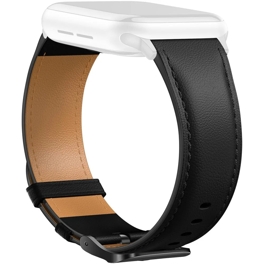 Leather Band For Apple Watch Ultra 3 2 1 49mm / Series 11 10 46mm / 9 8 7 45mm / SE3 SE2 SE 6 5 4 44mm / 3 2 1 42mm Pointed Tail Strap Electroplated Buckle - Black  /  Black - 1