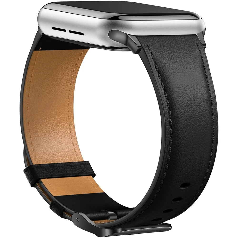 Leather Band For Apple Watch Ultra 3 2 1 49mm / Series 11 10 46mm / 9 8 7 45mm / SE3 SE2 SE 6 5 4 44mm / 3 2 1 42mm Pointed Tail Strap Electroplated Buckle - Black  /  Black - 2
