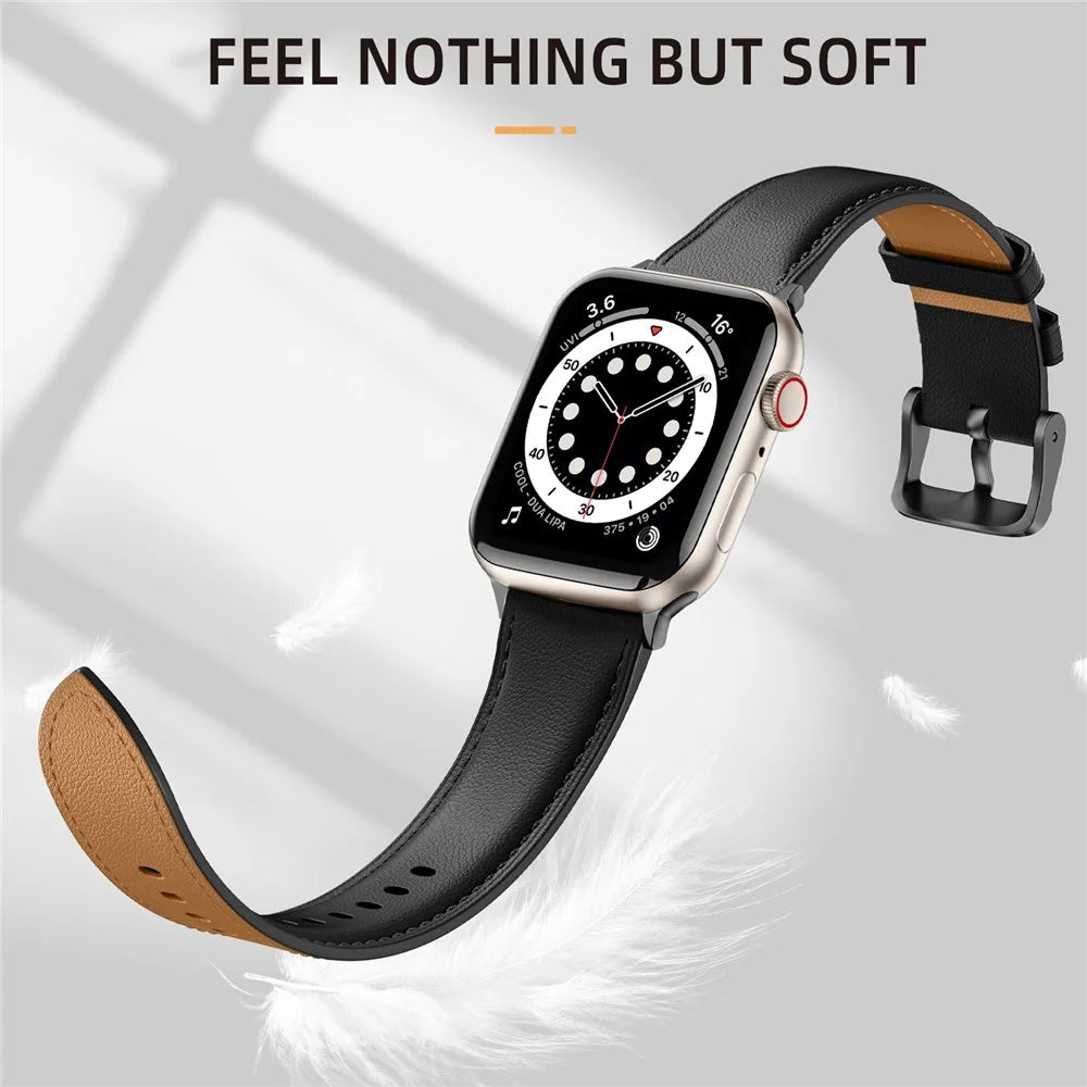 Leather Band For Apple Watch Ultra 3 2 1 49mm / Series 11 10 46mm / 9 8 7 45mm / SE3 SE2 SE 6 5 4 44mm / 3 2 1 42mm Pointed Tail Strap Electroplated Buckle - Black  /  Black - 4