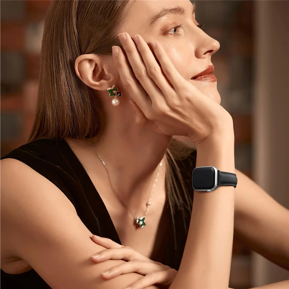 Leather Band For Apple Watch Ultra 3 2 1 49mm / Series 11 10 46mm / 9 8 7 45mm / SE3 SE2 SE 6 5 4 44mm / 3 2 1 42mm Pointed Tail Strap Electroplated Buckle - Black  /  Black - 7